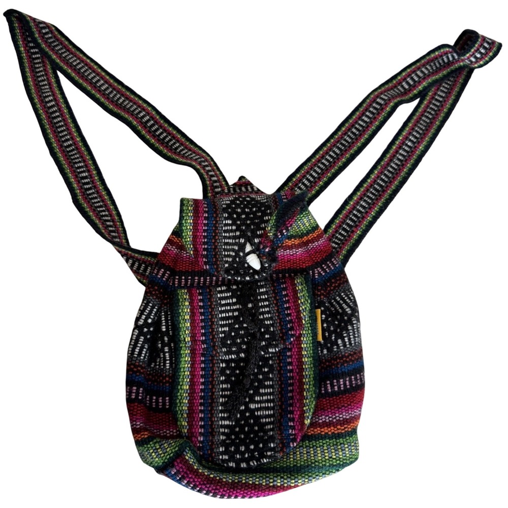 Boho Woven Mini Backpack Multicolor Baja Stripe Drawstring Festival Bag Small